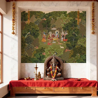 A luxury pooja room featuring Van Raag wallpaper with a hand-painted Indian heritage forest scene and central figures view-poojaroom