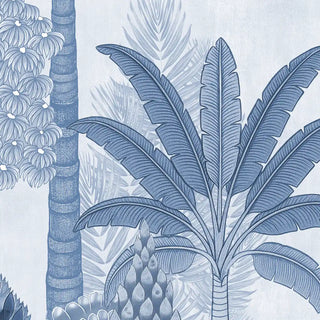 Tropical plant wallpaper design with blue leaves on a light gray background