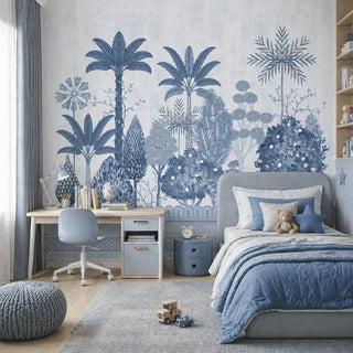 Children's bedroom with blue and gray color scheme, featuring a desk, chair, and bed with decorative pillows. view-kids