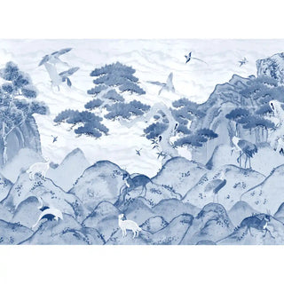 Vana Geet Wallpaper: Seamless strip showing the full repeating pattern of the blue ink-wash mountains and pine trees.