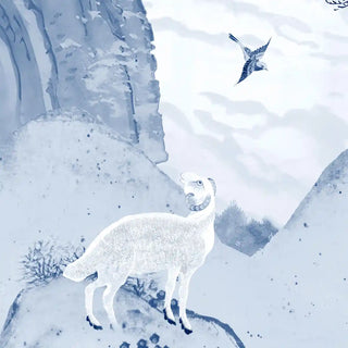 Vana Geet Wallpaper: Close-up detail of a white deer on a misty blue hillside from the wallpaper mural.
