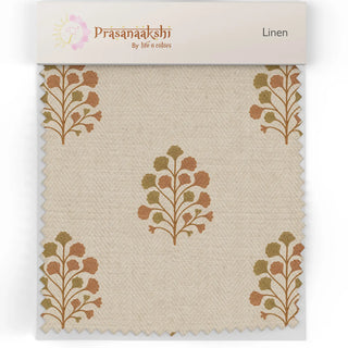 Fabric swatch of Vana Sofa and Chair Upholstery Fabric with delicate brown and green floral motifs on a beige base.