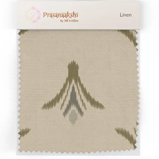 Close-up linen swatch of the Vanya upholstery fabric in olive ivory, showing the ikat motif and herringbone weave texture.