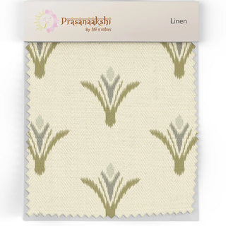 Fabric swatch of Vanya Upholstery Fabric showing ivory linen with delicate green botanical pattern.