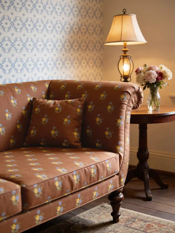 A luxury sofa and matching cushion upholstered in Vasant fabric featuring a blue and yellow floral buti pattern on chocolate brown.