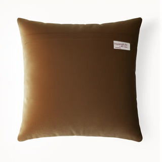 Back view of Velvet Dune Quilted Cushion Cover in plain brown velvet with concealed zipper and brand label.