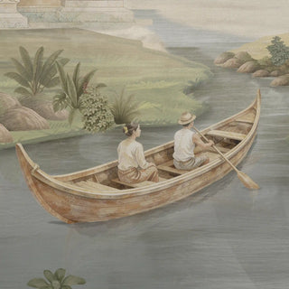 A close-up of the Verdant Heritage mural featuring a traditional boat on a river with hand-painted brushstrokes of the water and greenery.