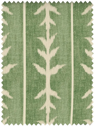 A high-resolution swatch of Vineyard Green fabric featuring sage green vertical Ikat vine motifs and cream stripes.