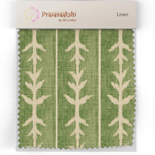Close-up swatch of Vineyard Green Sofa and Chairs Upholstery Fabric showing woven linen texture with leafy motifs in beige on a green base.