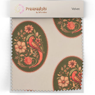 A swatch of Vintage Blossom luxury velvet fabric featuring hand-painted parrot and floral medallions on beige.