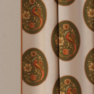 A detailed shot of the Vintage Blossom Pipin curtain fabric, showing the intricate bird and floral motifs within the vintage oval patterns.