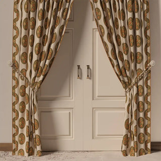 The Vintage Blossom Pipin curtain hanging in a room, showing its elegant drape and how the pattern adds a classic feel to the space.