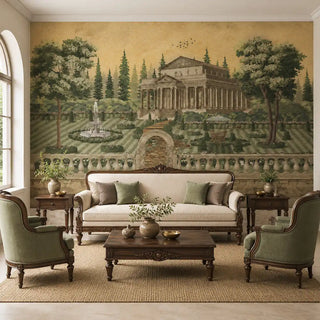 Garden Escape customised wallpaper styled as a grand backdrop in an elegant traditional living room layout view-livingroom