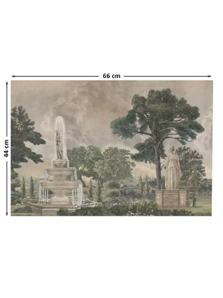 Vintage European Landscape wall art in sage green showing a tiered stone fountain and classical statue, full pattern layout marked with 66 x 44 cm dimensions