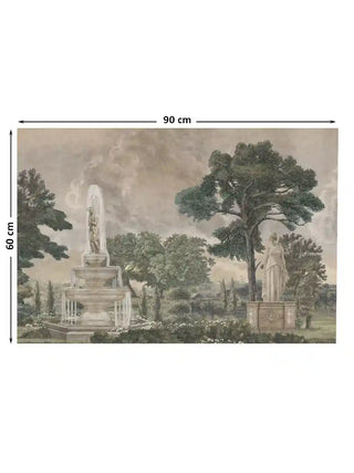 Vintage European Landscape wall art in sage green with garden fountain, pine trees and marble figure, full design shown at 90 x 60 cm dimensions