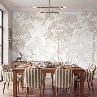 The mist-grey Vintage Forest mural creating an ethereal backdrop in a modern dining room with walnut furniture view-dining room