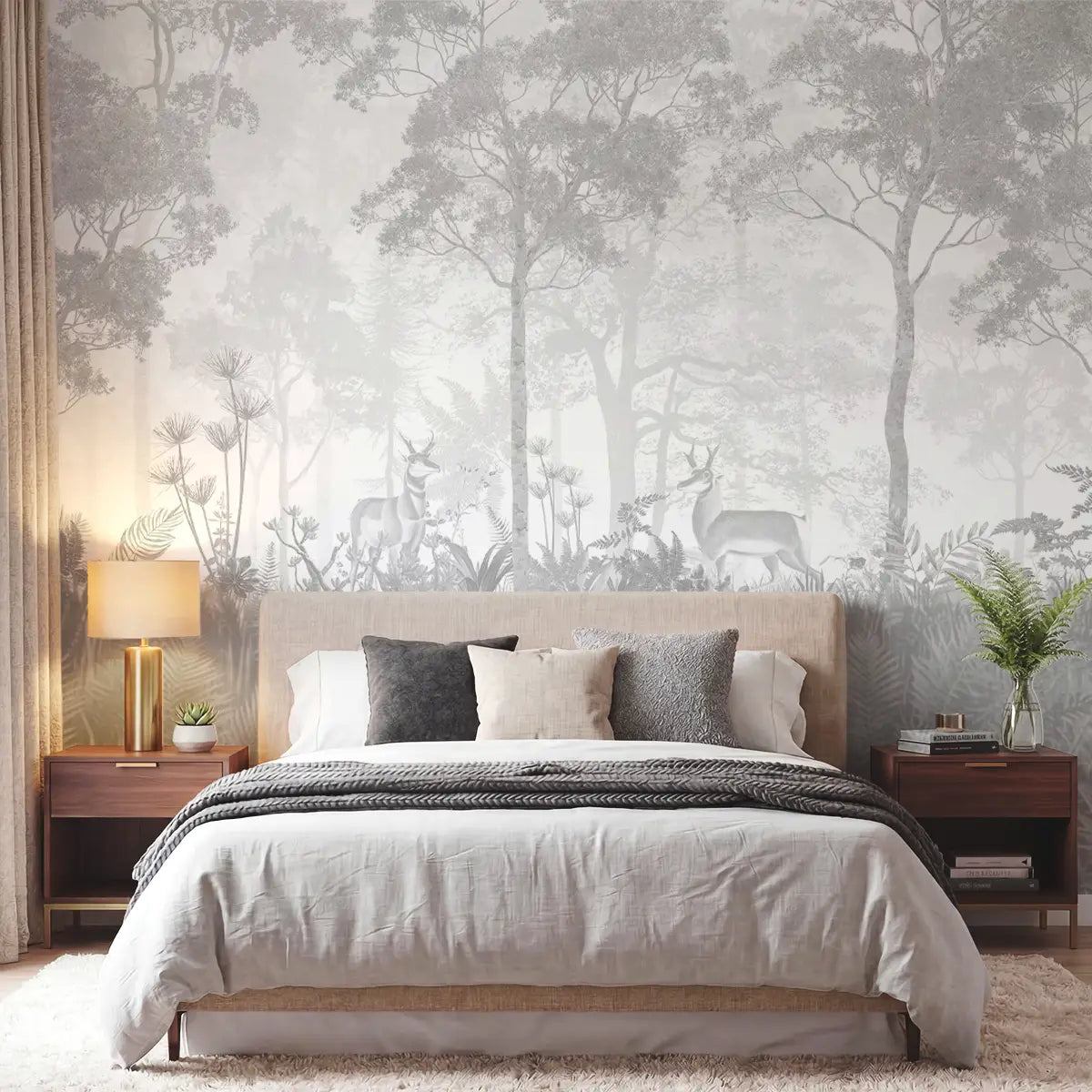 Vintage Forest woodland mural in slate grey in a luxury bedroom