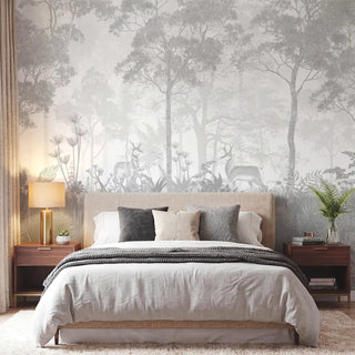 A luxury bedroom featuring the Vintage Forest mural in slate grey behind a contemporary upholstered bed and wooden nightstands view-bedroom