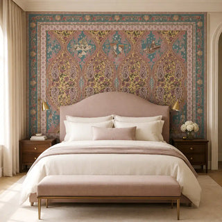 Kashmir custom teal and rose paisley wallpaper providing an elegant, textile-inspired backdrop in a master bedroom.