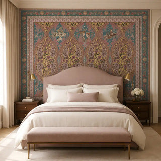 Kashmir custom teal and rose paisley wallpaper providing an elegant, textile-inspired backdrop in a master bedroom view-bedroom