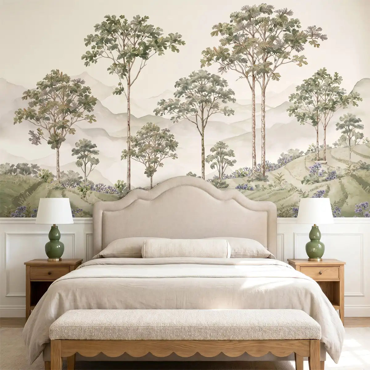Kerala tea garden landscape wallpaper as a calm backdrop in a neutral bedroom