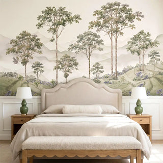 The Munnar botanical valley mural providing an expansive, scenic backdrop in a luxury master bedroom suite layout view-bedroom