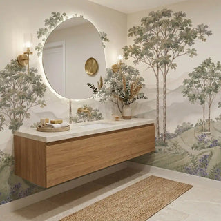 The Munnar botanical valley mural providing an expansive, scenic backdrop in a luxury formal dining room layout.