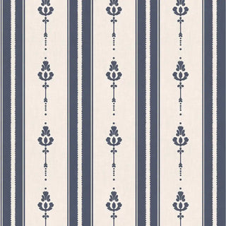 Close-up view of Vintage Navy & Beige Motif Stripe Wallpaper Roll, showing detailed vertical navy stripes with repeating beige floral-inspired motifs.