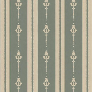 Close-up view of Vintage Olive & Beige Motif Stripe Wallpaper Roll showing alternating olive green and beige stripes with repeating floral-inspired motifs.