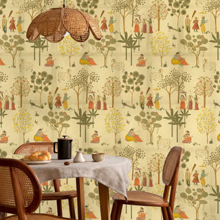 The Sangam Radha Krishna customized wallpaper framing a rustic dining table with a woven rattan pendant lamp.