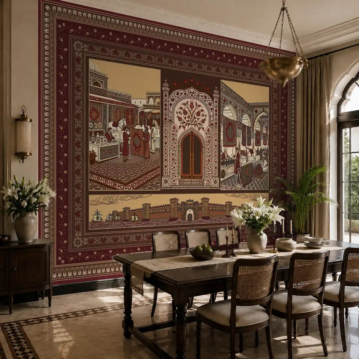 Ottoman architectural landscape wallpaper as a palatial backdrop in a formal dining room