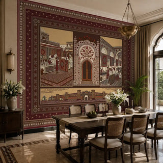 The Turkey Maroon architectural landscape mural providing a palatial backdrop in a traditional formal dining room layout.