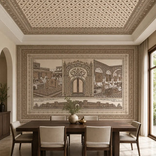 The Turkey Beige architectural landscape mural providing a palatial backdrop in a traditional formal dining room layout.