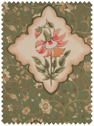 High-resolution fabric swatch of Viraasat Green featuring a detailed Mughal floral sprig in a soft pink frame.