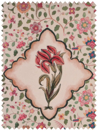 High-resolution fabric swatch of Viraasat Sepia featuring a detailed red Mughal flower in a soft-hued frame.