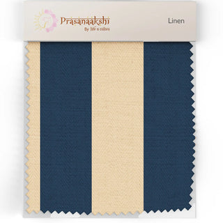 Fabric swatch of Vista Sofa and Chair Upholstery Fabric in bold navy blue and beige vertical stripes.