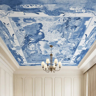 Voyage of the Clouds ceiling wallpaper in blue and white with sky and cloud illustrations