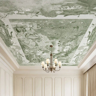A luxury grand living room featuring the Voyage of the Clouds sage green ceiling mural styled with a classic chandelier and white wall panels.