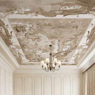 A luxury grand living room featuring the Voyage of the Clouds sepia ceiling mural styled with a classic chandelier and cream wall panels.