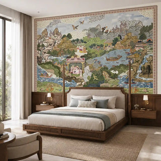 The Voyage of the Clouds light blue green wall mural installed behind a four-poster wood bed with sage cushions in a bedroom view-bedroom-wall