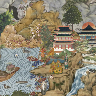 A detailed close-up of the Voyage of the Clouds mural highlighting the pagoda architecture, phoenix bird and courtly seated figures