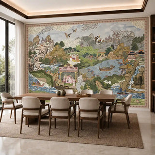 The Voyage of the Clouds light blue green wall mural installed behind a wood dining table with cream upholstered chairs view-dining-wall