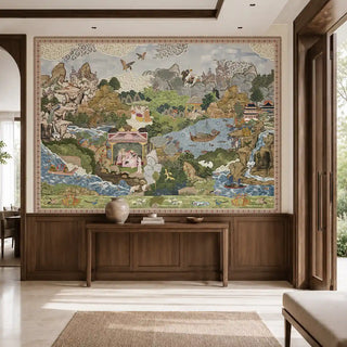 The Voyage of the Clouds light blue green wall mural installed above a wood console table in an entryway foyer view-foyer-wall
