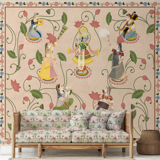 shop Vrindavan, Shri Krishna and Gopies Pastel Colors Wallpaper