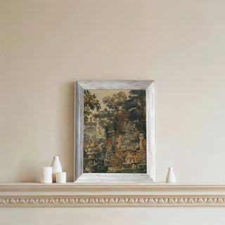 European Tepestry Wall Art framed in wood, displayed on a wall shelf, adding elegance and freshness to the room décor.