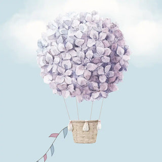 A detailed watercolor close-up of a hand-painted hydrangea floral hot air balloon with a woven basket.