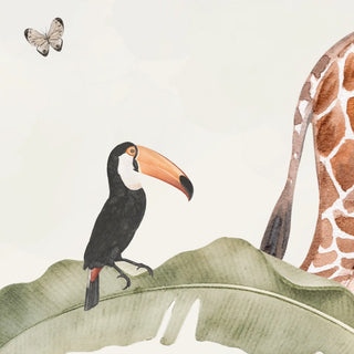 A detailed watercolor close-up of a hand-painted toucan and butterfly on a banana leaf from the pastel jungle mural.