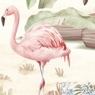 A detailed watercolor close-up of a hand-painted pink flamingo standing amidst tropical leaves from the jungle mural.