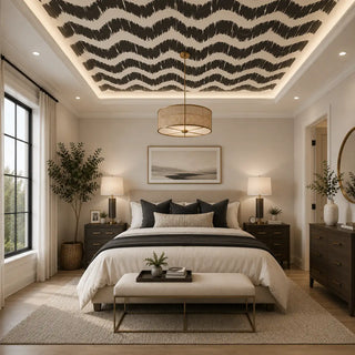 The Waves Abstract Black geometric ikat chevron ceiling wallpaper mural styled seamlessly inside a luxury contemporary master bedroom tray ceiling view-ceiling