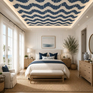 The Waves Abstract Blue geometric ikat chevron ceiling wallpaper mural styled seamlessly inside a luxury modern coastal master bedroom cove view-ceiling